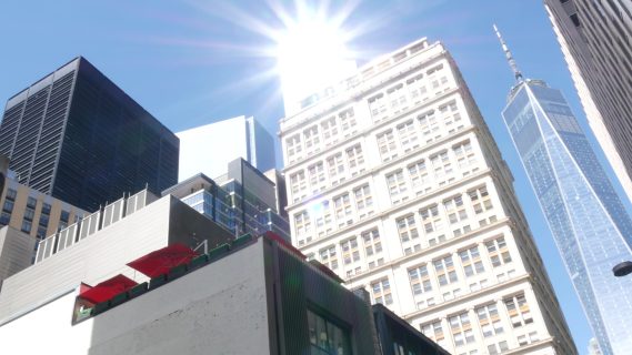 New York City Lower Manhattan, Downtown Financial District architecture, United States. One World Trade Center skyscraper building, Fulton street, USA. American urban scene. WTC Freedom tower in NYC.